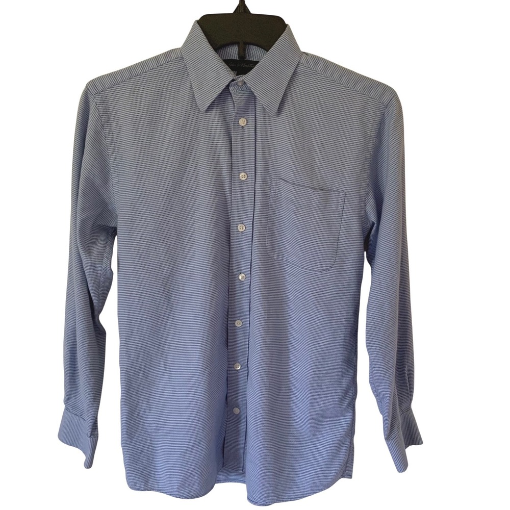 Nordstrom Boys 14 Button-Front Shirt Blue White Micro-Check Long Sleeve Dress